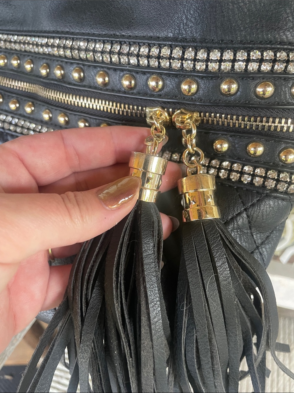 Black Quilted Shoulder Bag with Tassel and Chain Strap - Picture 4 of 9